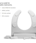 Knockout Comfort And Built Like A Tank Commercial Bidet Toilet Seat With Heated Cushion And Warm Air Dryer Featuring Open Front Lidless Design Side Control Arm And Self Cleaning Stainless Steel Nozzle For Hotels And Offices In White, viewed from front with certification details.