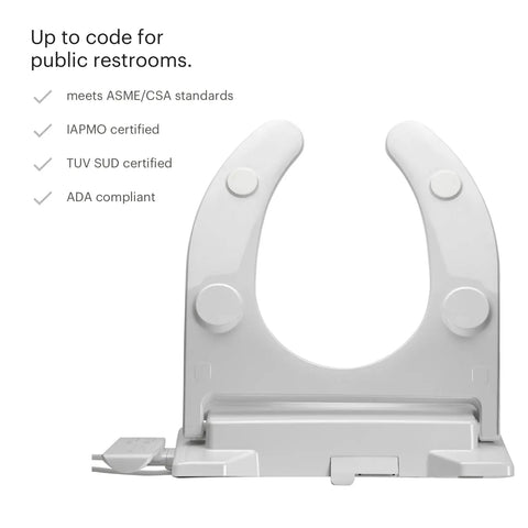 Knockout Comfort And Built Like A Tank Commercial Bidet Toilet Seat With Heated Cushion And Warm Air Dryer Featuring Open Front Lidless Design Side Control Arm And Self Cleaning Stainless Steel Nozzle For Hotels And Offices In White, viewed from front with certification details.