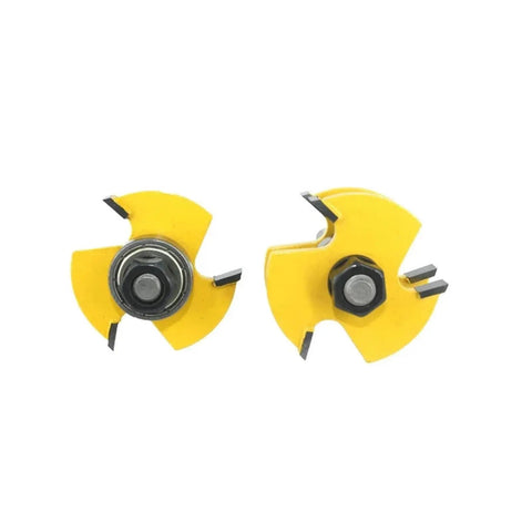 2 Piece Tongue And Groove Router Bit Set With 3/4 Inch Stock T Shape Design, carbide tip, yellow finish for wood floor joinery.