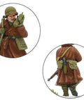 Close-up of unpainted soldier miniatures from the Bolt Action Battle of the Bulge Starter Set for Adults A Complete Tabletop WWII Kit.