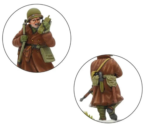 Close-up of unpainted soldier miniatures from the Bolt Action Battle of the Bulge Starter Set for Adults A Complete Tabletop WWII Kit.
