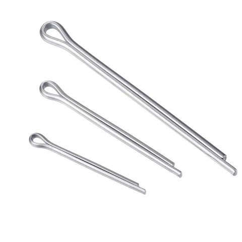 Three zinc plated cotter pins from the 20 Pcs Cotter Pin Set M3 X 60Mm Zinc Plated Hairpin Clips For Lawn Mowers And Garden Equipment Tough As Nails Heavy Duty Locking Pins With High Elasticity And Wear Resistant Finish, showing different sizes.