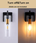 Black Gold Wall Sconces Set Of Two With Clear Glass Shades Modern Metal Vanity Lights For Bathroom Bedroom Hallway And Living Room Easy Wall Mount Fixtures With Vintage Vibe For Entryways And More, shown turned off and on