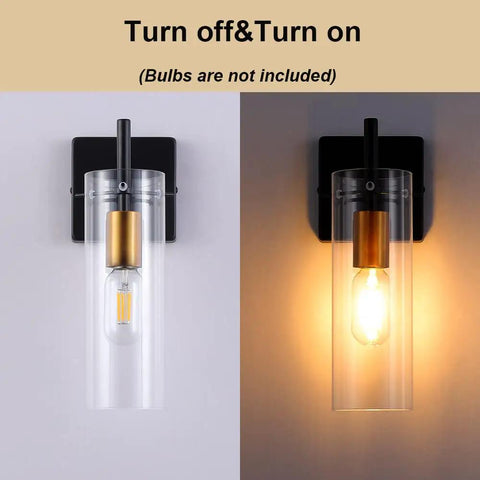 Black Gold Wall Sconces Set Of Two With Clear Glass Shades Modern Metal Vanity Lights For Bathroom Bedroom Hallway And Living Room Easy Wall Mount Fixtures With Vintage Vibe For Entryways And More, shown turned off and on