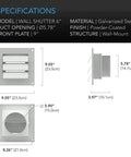 Specification diagram of Wall Mount Duct Shutter With 6 Inch Outdoor Louver Gable Vent Hood, galvanized steel, powder-coated finish