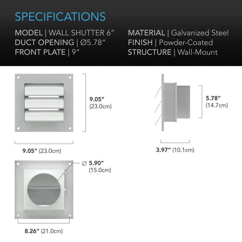 Specification diagram of Wall Mount Duct Shutter With 6 Inch Outdoor Louver Gable Vent Hood, galvanized steel, powder-coated finish