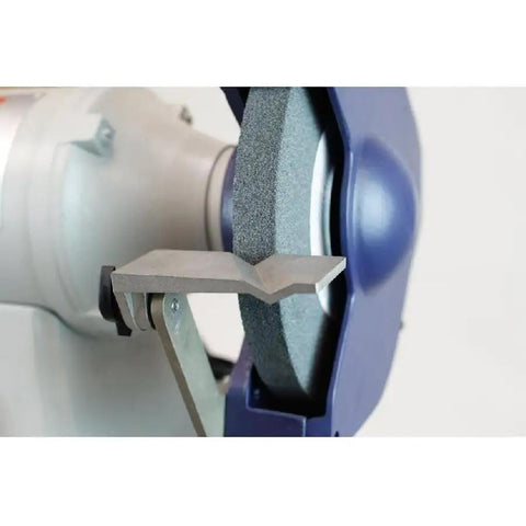 Badass 8 Inch Bench Grinder With 1 Horsepower Motor And 115 230V Dual Voltage Setup Featuring Integrated Dust Collection System showing grinding wheel and tool rest.