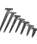 Assorted sizes of zinc alloy hinges, suitable for cabinetry, shown in a row. Two Pack Zinc Alloy Hinges For Cabinets And Jewelry Boxes, Retro Iron Hardware.
