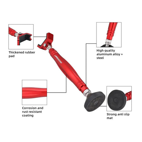 Motorcycle Front And Rear Wheel Stand Lift Portable Trail Stand for Easy Safe Wheel Lifts Sixth Generation Red, 29cm travel size, detailed view of rubber pad, aluminum alloy, anti-slip mat.