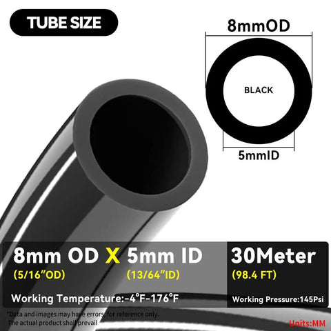 Black Polyurethane PU Air Hose 8mm OD 5/16 Inch 5mm ID 30 Meter Flexible Air Tube 145 Psi