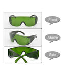 Top Shelf Anti Fog Safety Glasses With Kickass Green Lenses And Prescription Friendly Design viewed from front, side, and above angles.