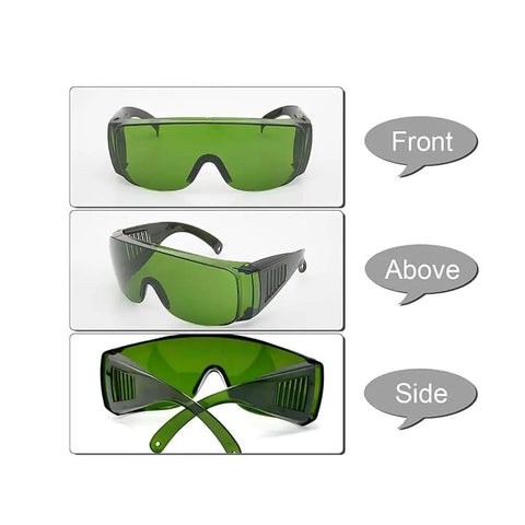 Top Shelf Anti Fog Safety Glasses With Kickass Green Lenses And Prescription Friendly Design viewed from front, side, and above angles.