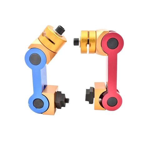 Universal Adjustable Works Stop Positioner For Cnc Mill And Lathe Machining Precision Locator Tool With M14 Threads, featuring blue and red aluminum arms.