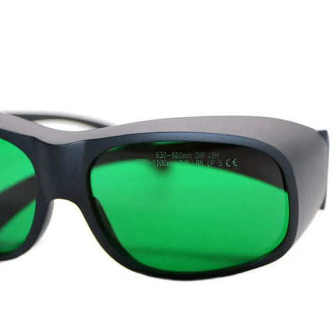 Top Shelf Red Laser Goggles Built Tough For 635nm 660nm 808nm 905nm 980nm Diode Beams with emerald tinted lenses for sharp vision.