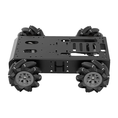 Hiwonder 4WD Mecanum robotics chassis with black metal frame and four mecanum wheels