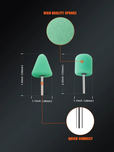 Mini Buffing Polishing Pads Kit For Nitty Gritty Detail Jobs Compatible With Cordless Drills And Rotary Tools showing green foam pads with dimensions and metal shafts.
