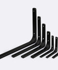 Heavy Duty L Brackets For Wall Shelves Rock Solid Corner Supports Built Tough With Safe Rounded Edges Handles Up To 35 Lbs Easily And Ships Complete With All Hardware For Zero Hassle Install - Set of six black metal brackets.