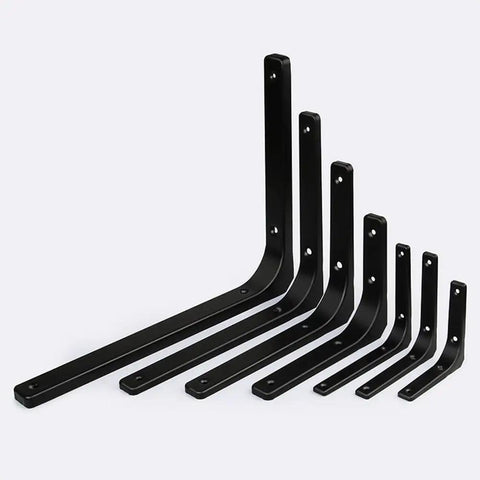 Heavy Duty L Brackets For Wall Shelves Rock Solid Corner Supports Built Tough With Safe Rounded Edges Handles Up To 35 Lbs Easily And Ships Complete With All Hardware For Zero Hassle Install - Set of six black metal brackets.