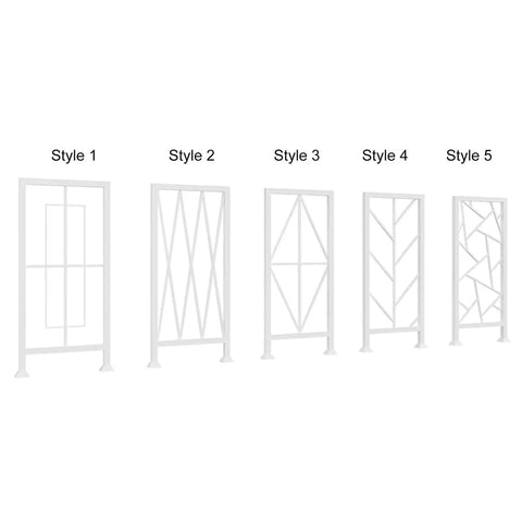 Heavy Duty Metal Stair Railing Set for Deck and Balcony White Iron Guardrail Kit five unique style options displayed.