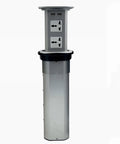 Top Shelf Smooth Pop Up Power Strip For Kitchen Island And Home Office Desk, Heavy Duty Hidden Surge Protector With Overvoltage Safety, Brushed Silver Metal Socket Setup That Slaps in sleek silver design, showcasing 3 outlets.