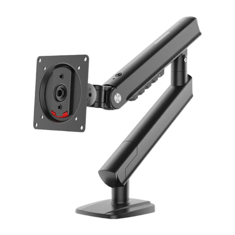 Sleek Desktop Monitor Mount For 17 To 32 Inch Screens With Fully Adjustable Height And Smooth Articulating Desk Arm, side view of black metal design.