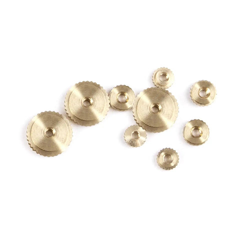 Brass Clock Hand Nut Set 9-Piece For Grandfather Clocks And Movements With Knurled Serrated Edge Fits 5mm 6mm And 10mm Dial Hands