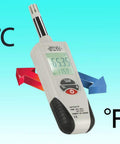 Handheld Digital Psychrometer With Backlit Display For Humidity And Temperature, Dew Point And Wet Bulb on colorful Fahrenheit Celsius background