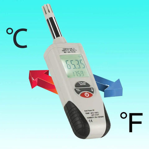 Handheld Digital Psychrometer With Backlit Display For Humidity And Temperature, Dew Point And Wet Bulb on colorful Fahrenheit Celsius background