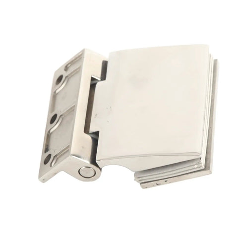 304 Stainless Steel Curved Glass Door Hinge Single Sided For 8 To 12mm Tempered Glass built like a tank showing flat side view.