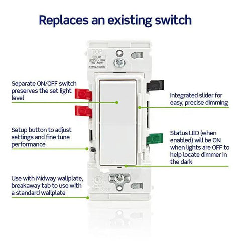 Smooth Ride Rocker Dimmer Switch For LEDs And Incandescents 150 Watt Single Pole Or Three Way Two Pack White with integrated slider and LED.