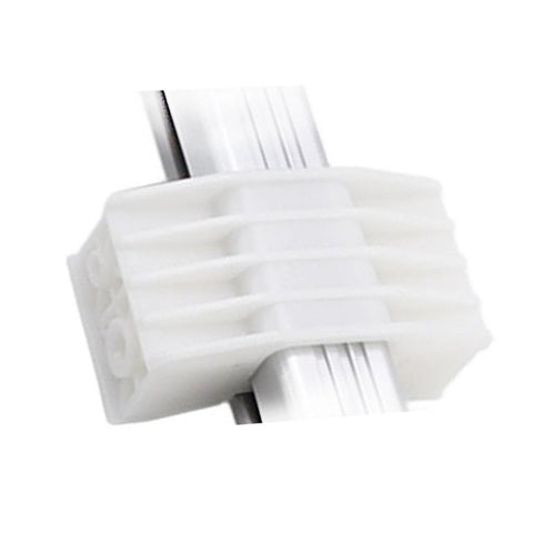 Banapoy white plastic electric actuator slide block, close-up view on metal rail