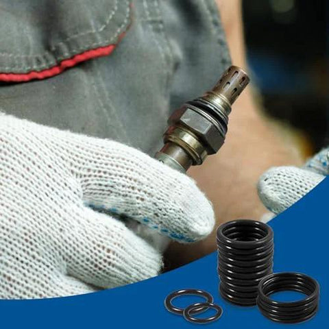 O-ring assortment kit: close-up of metal SAE fitting held by gloved hands with black nitrile O-rings