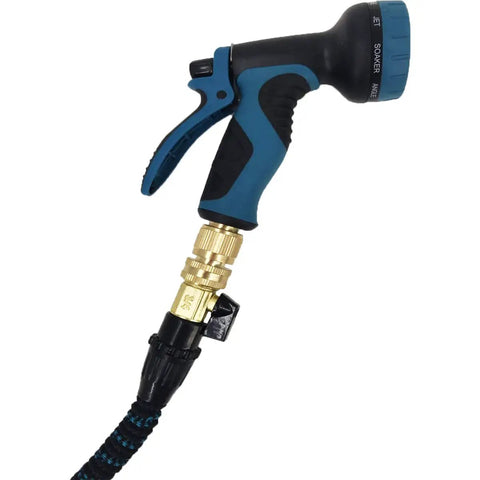 Solid Brass Garden Hose Quick Connectors Three Quarter Inch Standard Ght Thread No Leak Fittings with spray nozzle attached