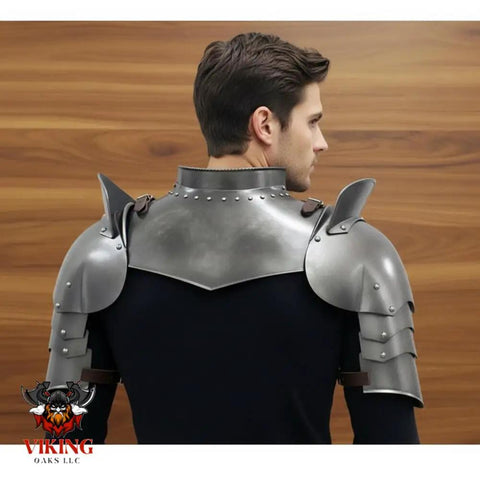 Back view of Iron Gorget And Pauldrons Armor Set For Cosplay And LARP, 18 gauge steel with natural oiled look, silver finish