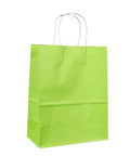 Light Green Kraft Paper Bags With Colorful Handles, Go To Portable Shopping And Party Packaging, Durable Handles For Weddings And Retail, Eco Friendly Bag Set In 50 Or 100 Pack, Ideal For Gifts And Stores displayed with white handles.