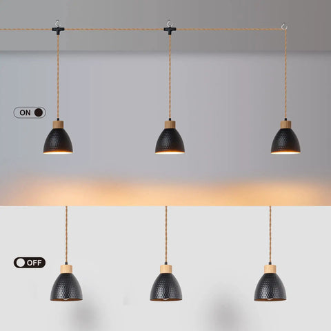 Three Light Plug In Pendant Light With Twisted Hemp Rope, 22 Ft Hanging Lamp, Industrial Black Finish, Independent Triple Switch Chandelier showcased in off and on position