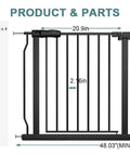 Extra Wide Indoor Baby Gate With Auto Close, dimensions and parts shown in black metal, pressure mounted style.