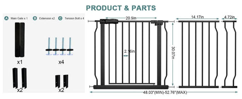 Extra Wide Indoor Baby Gate With Auto Close, dimensions and parts shown in black metal, pressure mounted style.