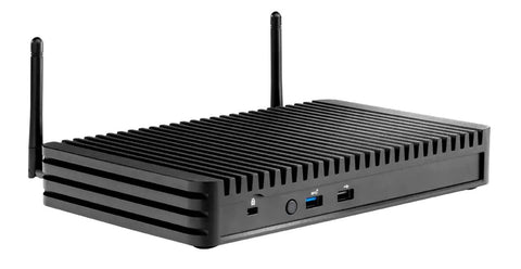 Heavy Duty Rugged Mini Computer With No Sweat Fanless Cooling running beefy Intel Core i5, shown from the side with antennas.