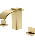 Brushed Gold Waterfall Bathroom Faucet, 8-Inch Widespread 3-Hole Sink Faucet, Solid Brass Valve, modern design with square handles