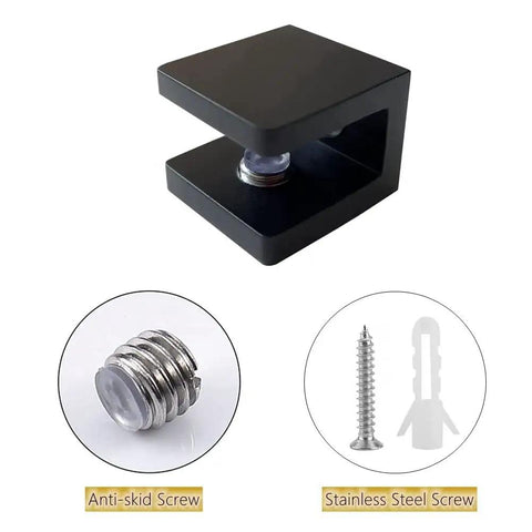 Brass Glass Clamp No Drill On Glass Holder And Shelf Bracket Clip Support For 8mm To 10mm Glass Matte Black showing anti-skid and stainless steel screws