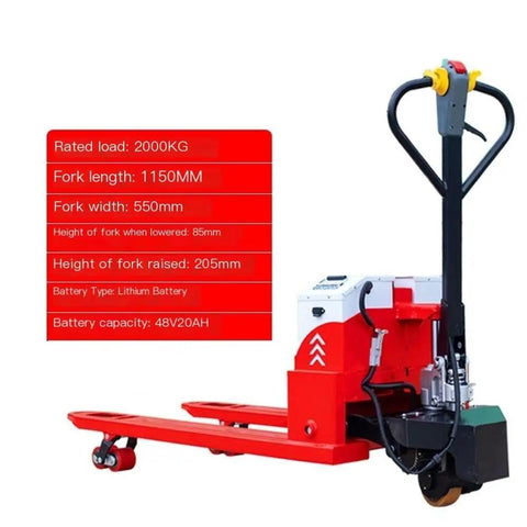 Heavy Duty Full Electric Pallet Jack Truck With Li-Ion Battery handles 2000 kg load with 1150 mm forks for material handling.