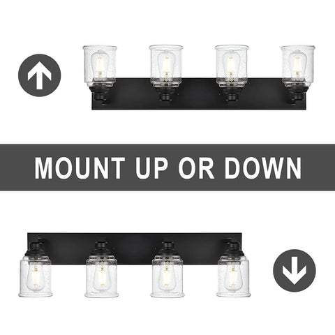 Black Vanity Lights 4-Light Modern Farmhouse Wall Fixtures with Seeded Glass Shades for versatile up or down mounting