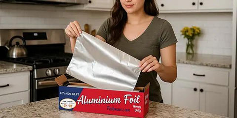 Woman using Heavy Duty Aluminum Foil Roll With Sturdy Corrugated Cutter Box For Thick Food Safe Wrap in kitchen