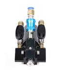 Heavy Duty P2 Pu Foam Spray Gun With No Sweat Self Cleaning Air Purge Valve And Multi Angle Omni Directional Tips For Polyurethane Polyurea Sealant Work, top view showing the nozzle and valves.