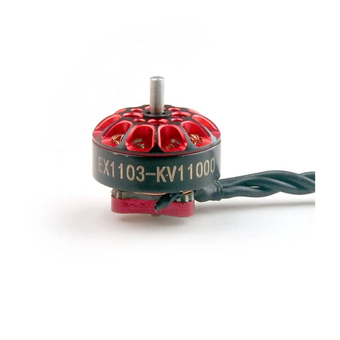 EX1103 11000KV Brushless Drone Motor For Mobula 8 Micro FPV, red Unibell design, 1.5mm shaft, black base with wiring, close-up view