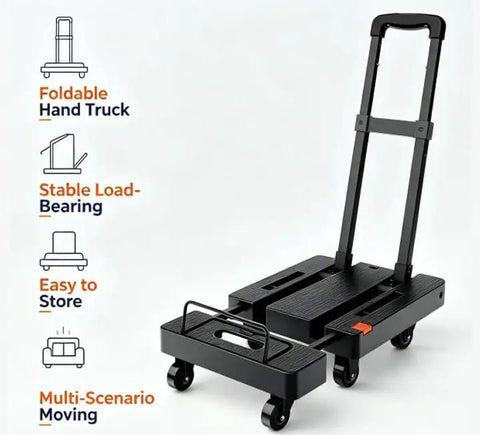 Beefy Folding Hand Truck Dolly Cart With 6 Wheels And 500 Lb Capacity For Luggage Moving And Travel Heavy Duty Utility Cart That Folds Flat For Easy Storage Sturdy Haul With 2 Elastic Ropes, black