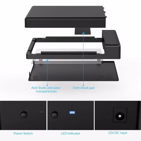 Exploded view of Built Tough SATA to USB 3.0 External Hard Drive Enclosure, showing anti-static features and connections.