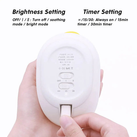 Back view of Duck Shaped Silicone Night Light For Nursery And Kids Room Cozy Warm White 2800K LED Lamp with timer and brightness settings.