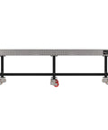 No Nonsense Welding Fixture Table With Precision Laser Cut Grid And Locking Swivel Casters 120 By 48 Inch Mobile Steel Workbench Made In USA side view with locking casters.